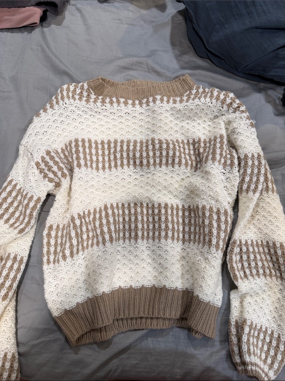 SHEIN Cream and Tan Striped Open-Knit Sweater